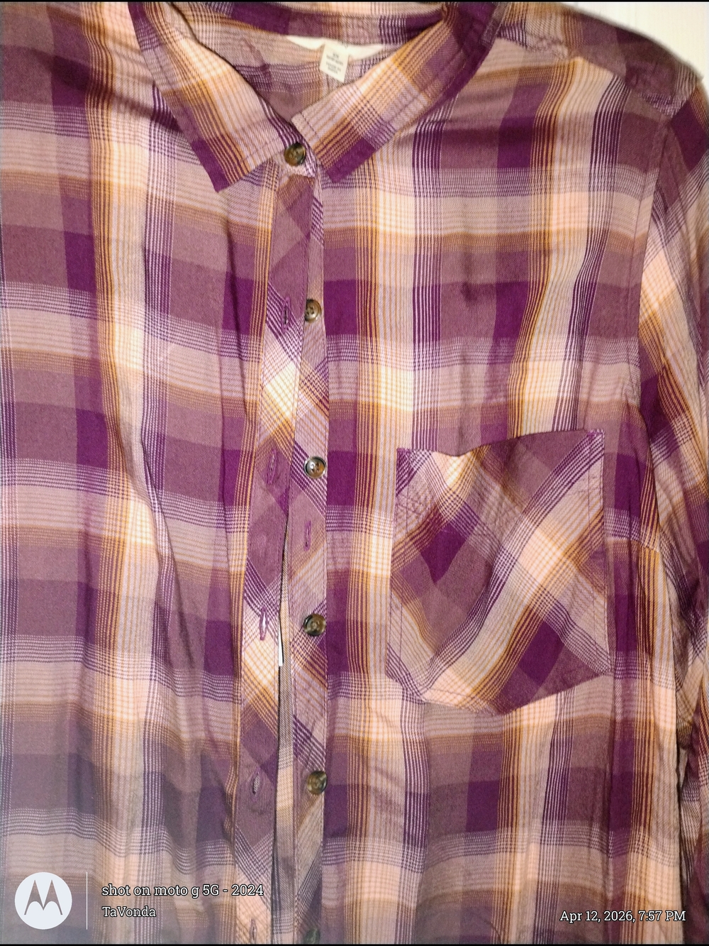 ❤️Terra & Sky Purple and Cream Plaid Button-Down Shirt PTO 28" LENGTH 30"